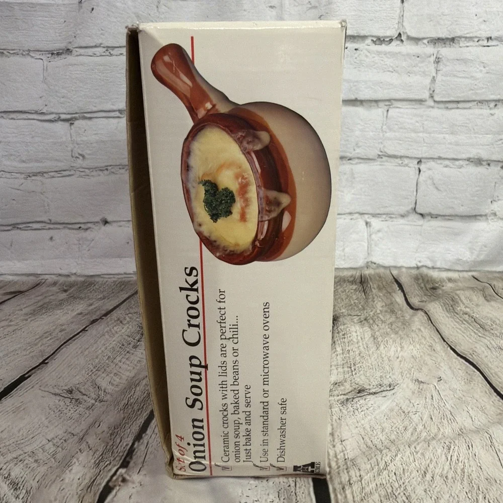 Acme French Onion Soup Crocks Set of 4 Brown & Ivory New In Distressed Box